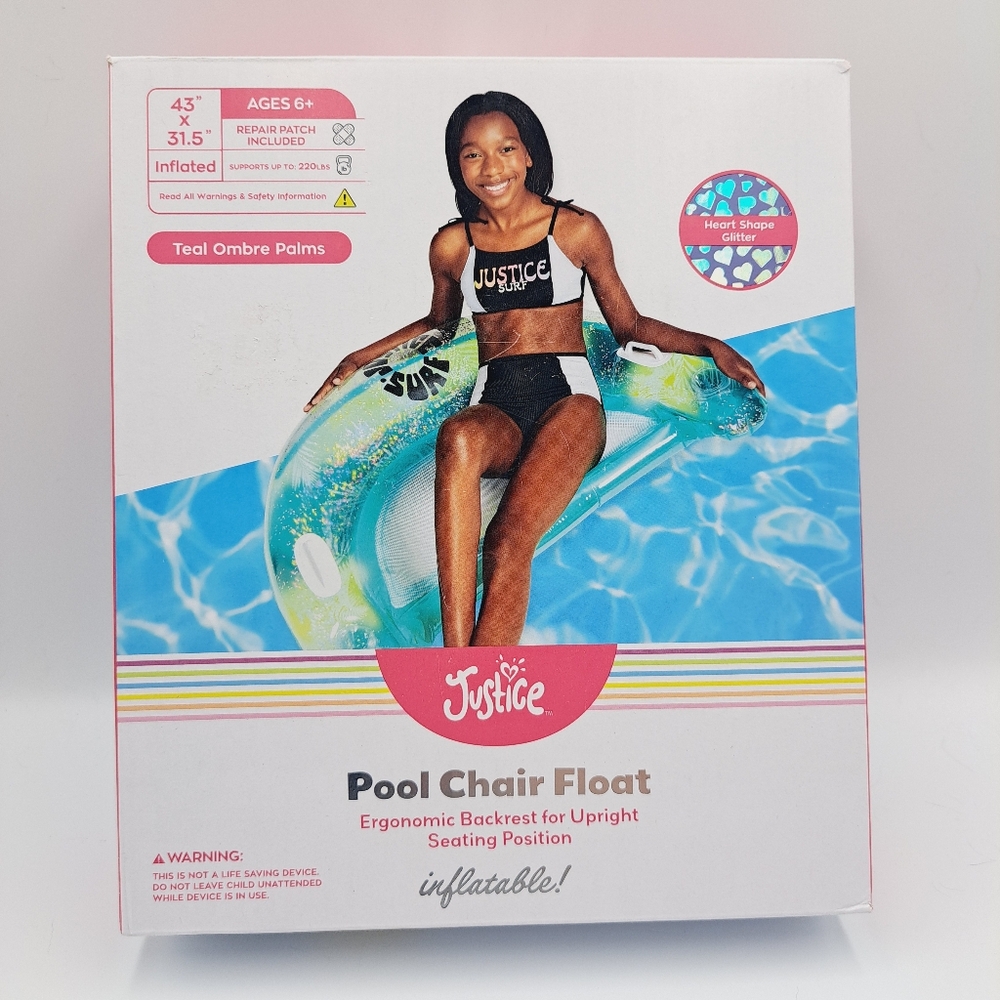 Justice Pool Chair Float Teal Ombre Palms with Heart Shaped Glitter